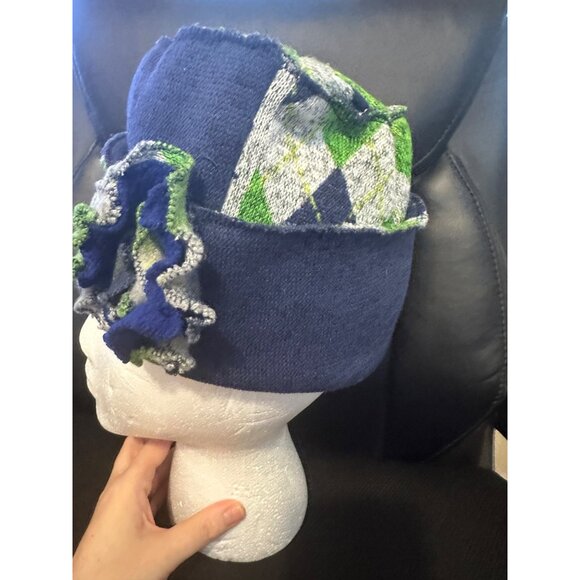 Unique Argyle Pattern‎ Cloche Hat With Floral Accent Blue & Green - Picture 4 of 7